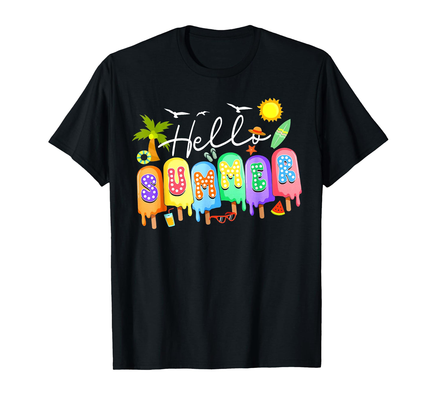 Hello Summer Cool Colorful Popsicle Graphic Summer Vacation T-Shirt