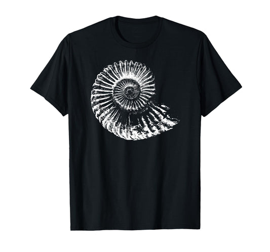Digger Gifts 4 U - Paleontology Palentologists Ammonite Fossil T-Shirt - Unisex-Adults, Kids - Black - Small - Short Sleeve - Crew Neck - Classic Fit - Charmouth Ammonite Fossil Design
