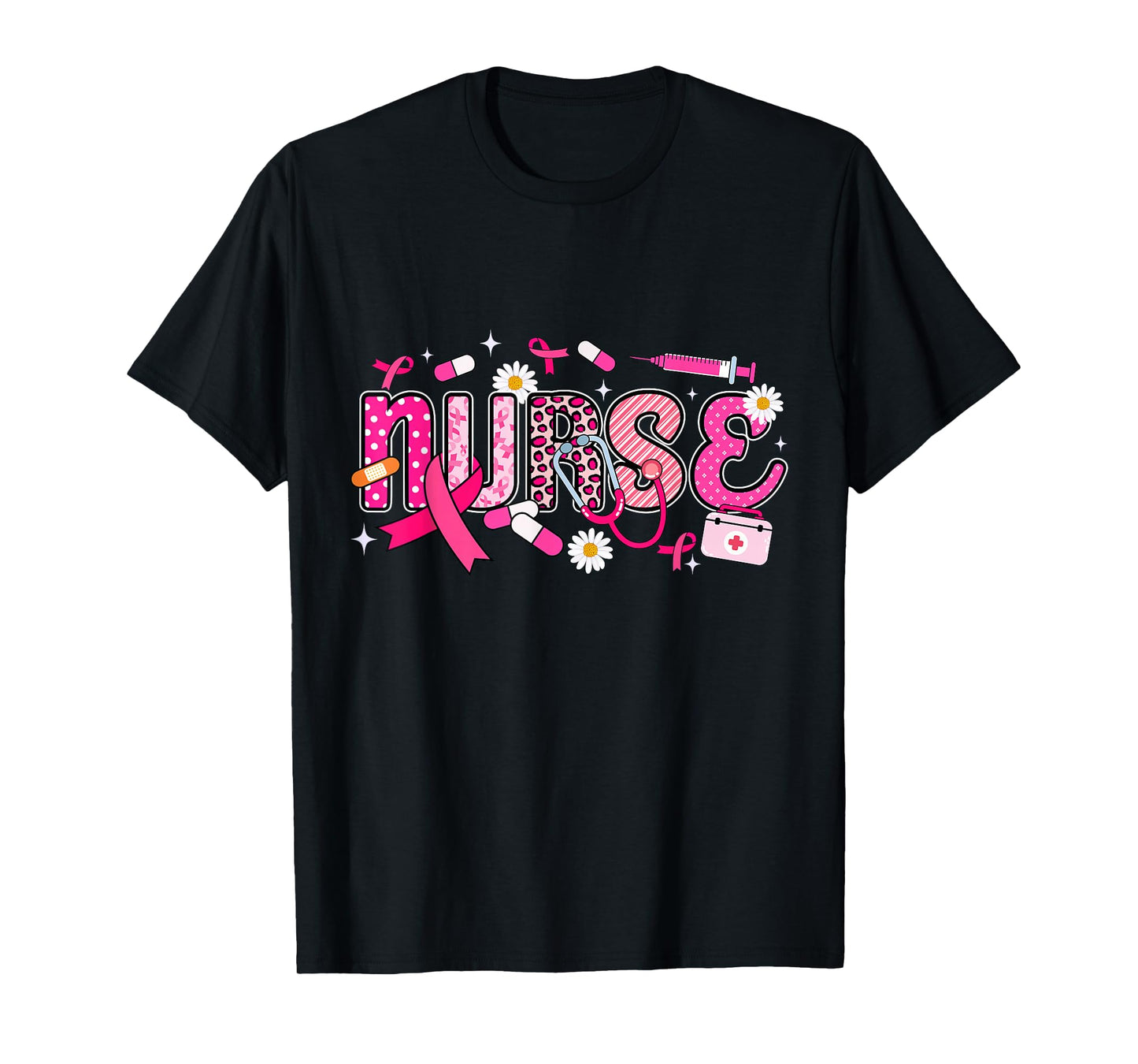 Funny Pink Ribbon Stethoscope Nurse Breast Cancer Awareness T-Shirt