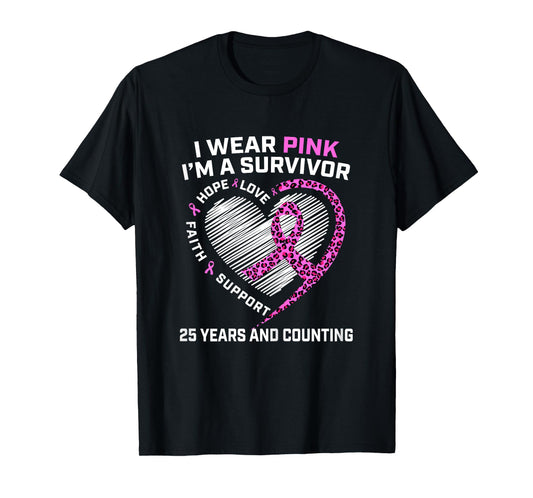 25 Years Breast Cancer Free Cute Heart Cheetah Pink Survivor T-Shirt