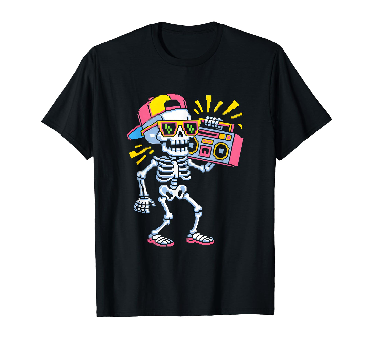 Funny Pixel Skeleton with Boombox 8 Bit Retro Party Design T-Shirt