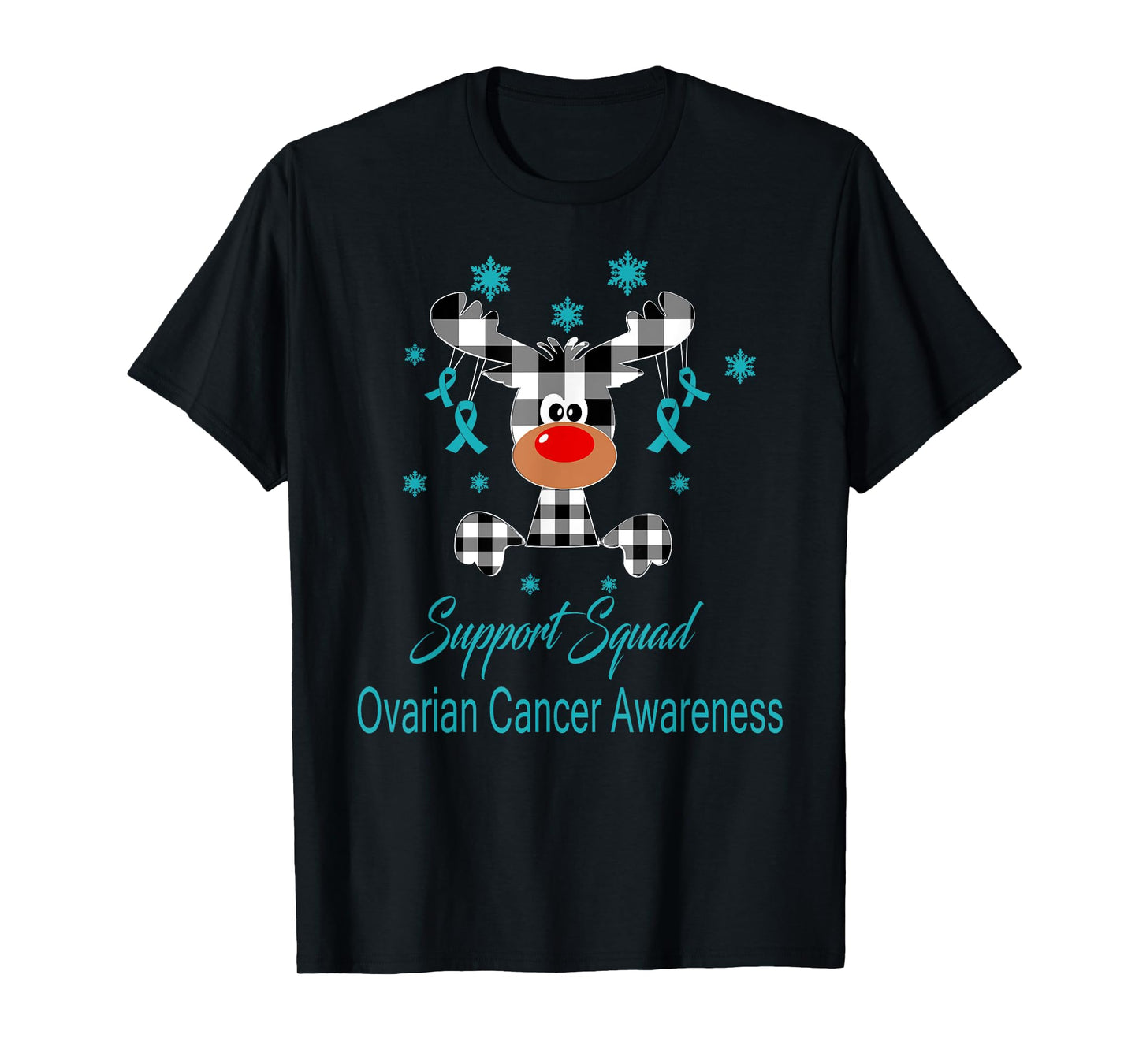 Ovarian Cancer Awareness Christmas Reindeer Teal Ribbon T-Shirt