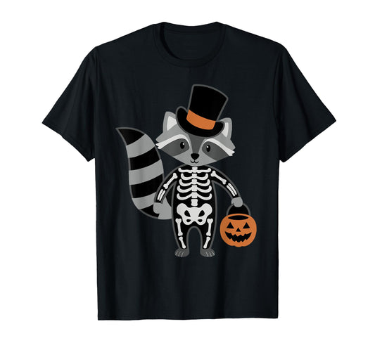 Cute Raccoon Skeleton Halloween with Top Hat & Pumpkin Candy T-Shirt