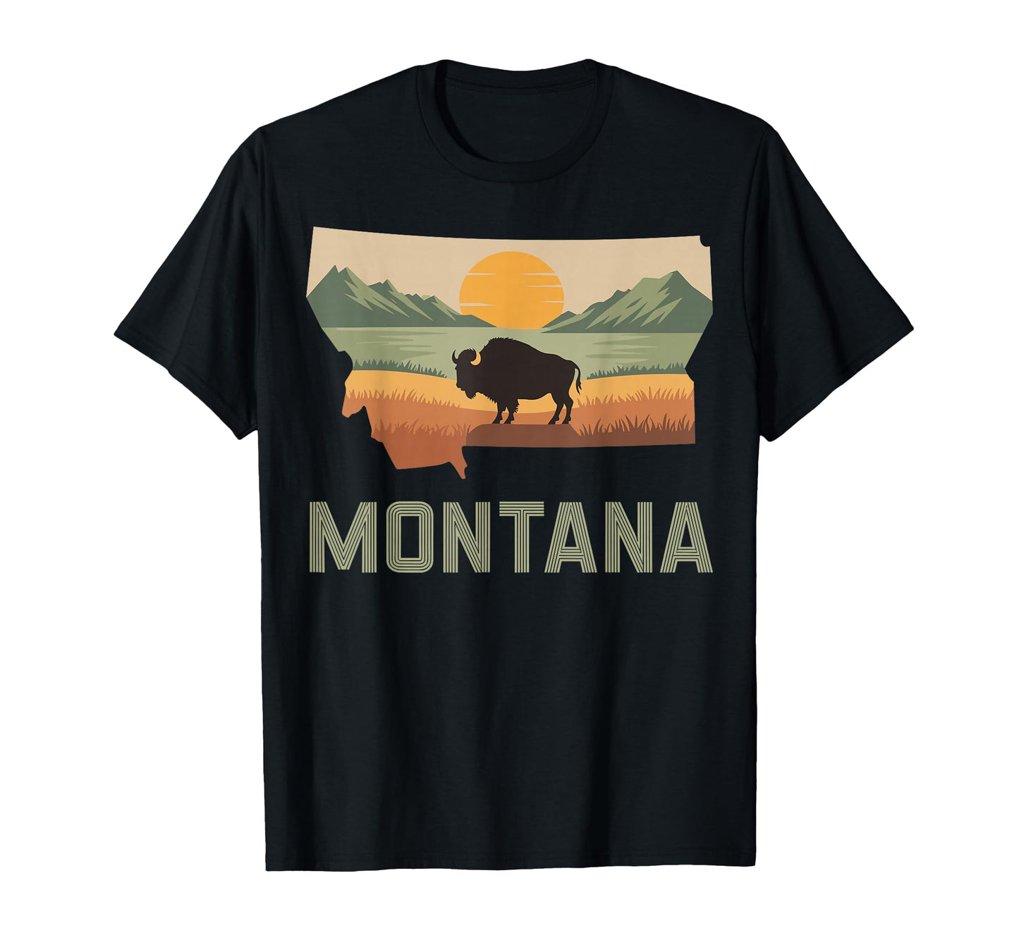 Montana Bison Sunset Mountains Retro Western T-Shirt