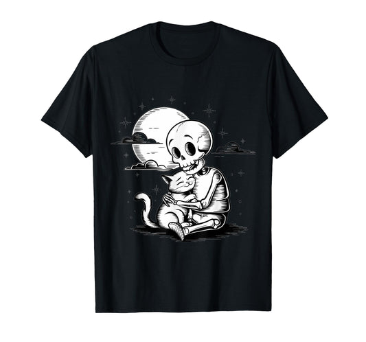 Cute Skeleton Hugging Cat Halloween T-Shirt