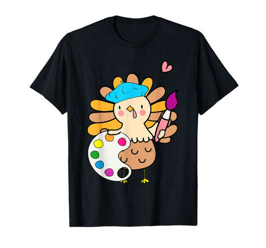 Cute Turkey Art Teacher Thanksgiving Fall Painting Artist T-Shirt