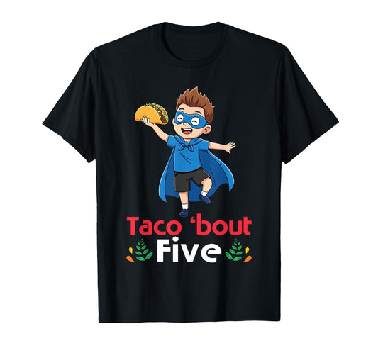 Cute Boy with Tacos Happy Birthday Taco Bout 5 Years Old T-Shirt