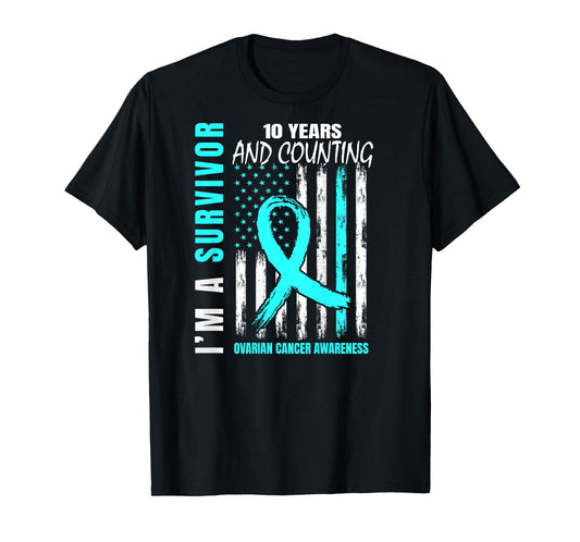 10 Years Cancer Free Teal Ribbon Ovarian Survivor Gifts Flag T-Shirt