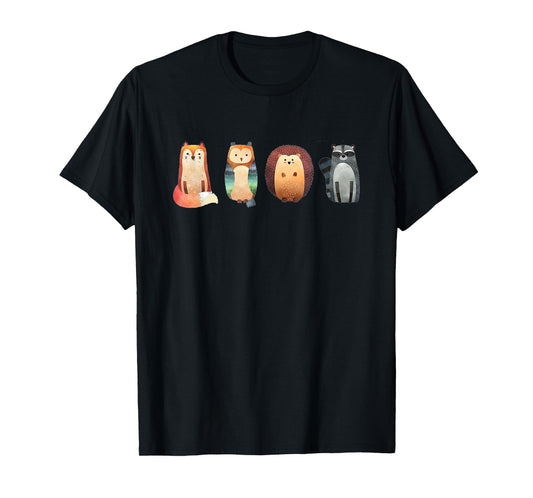 Cute Woodland Creatures Fox Owl Hedgehog Racoon T-Shirt