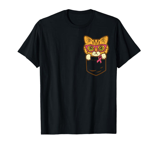 Pocket Cat Ribbon Breast Cancer Awareness Men Women Kids T-Shirt