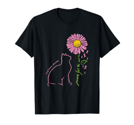 Cat Flower Paw For Cure Breast Cancer Awareness Support Gift T-Shirt