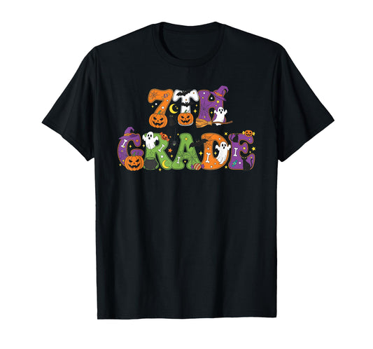 7th Grade Pumpkin Ghost Skeleton Halloween Kids Mens Womens T-Shirt