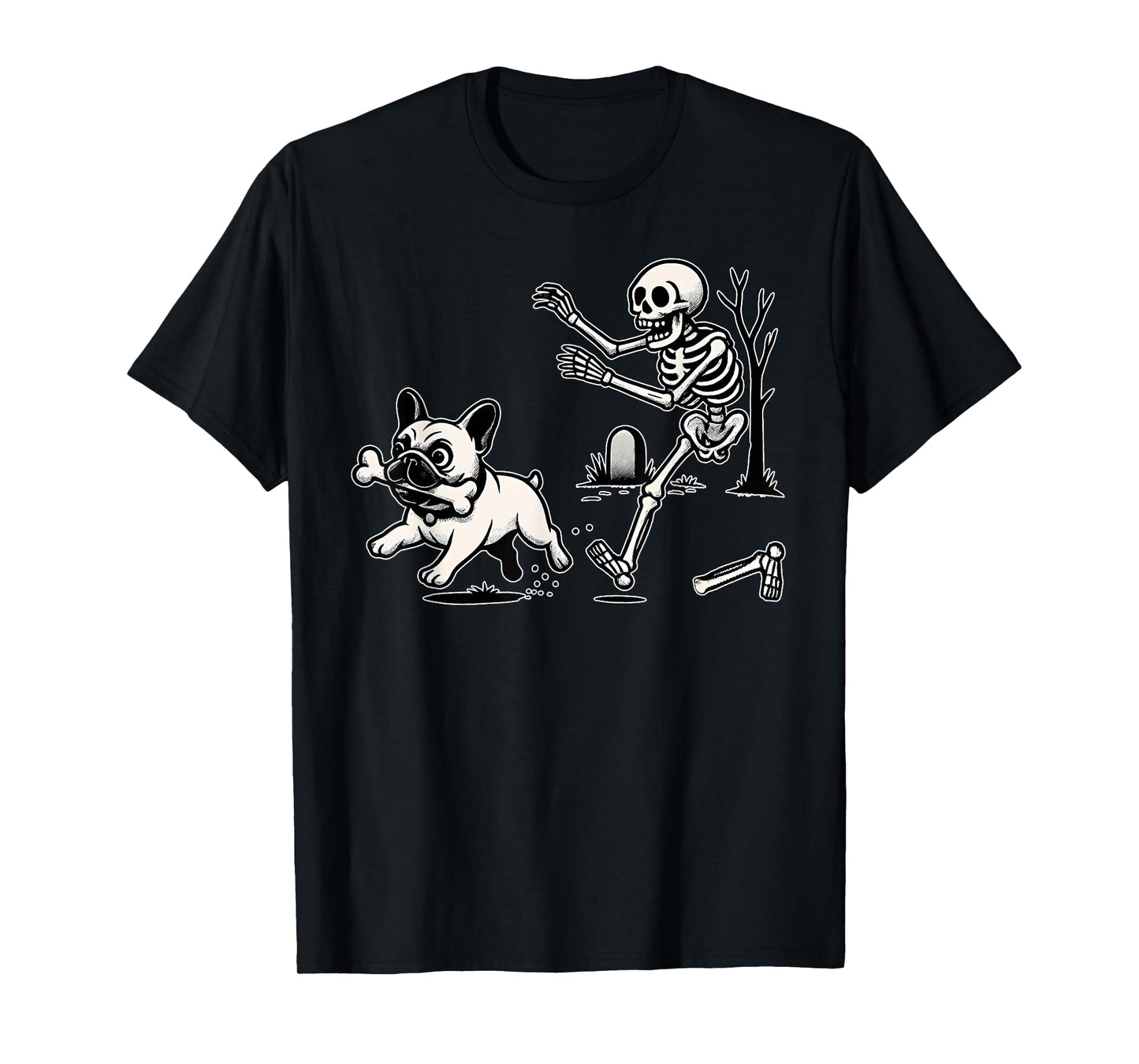 Funny Halloween French Bulldog Steals Bone from Skeleton T-Shirt