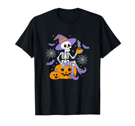 Cute Skeleton Holding Coffee Halloween Outfit for Women T-Shirt