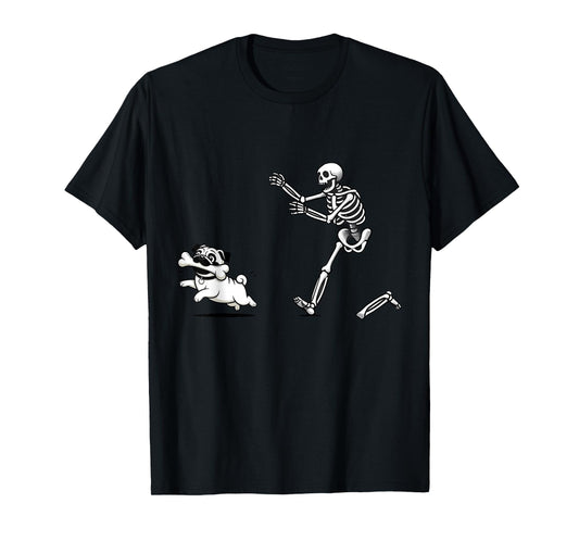Cute Funny Skeleton Chasing Pug Dog Spooky Halloween Costume T-Shirt