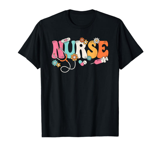 Cute Retro Groovy Nurse Flower Nursing Women T-Shirt