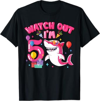 Watch Out I'm 5 Shark Sea Animal 5th Birthday Party Girls T-Shirt