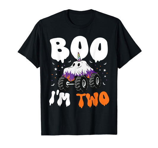 Cute Ghost Unicorn with Truck Boo I'm Two Birthday Boys T-Shirt