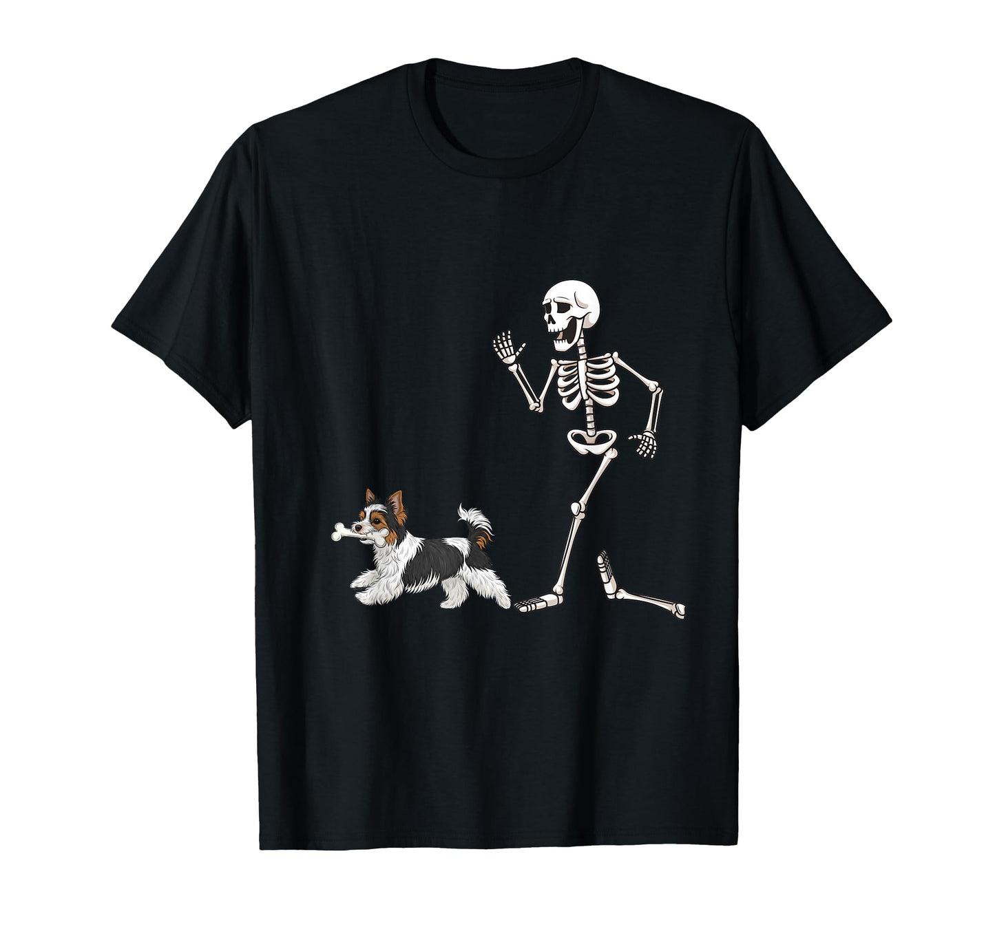 Funny Halloween Biewer Terrier and Skeleton T-Shirt
