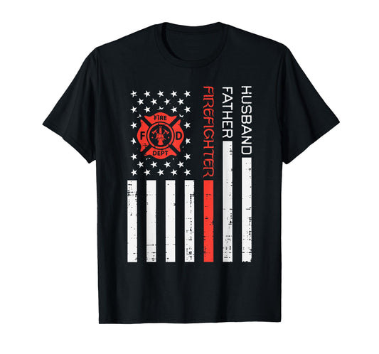 Husband Father Firefighter US Flag Red Line Fathers Day Men T-Shirt