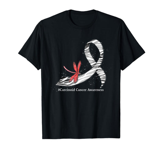 Hippie Dragonfly Zebra Ribbon Carcinoid Cancer Awareness T-Shirt
