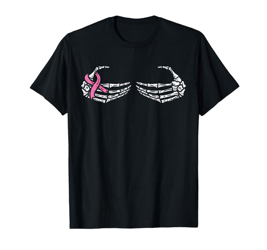 Skeleton Bra Hands Pink Ribbon Halloween Breast Cancer Women T-Shirt