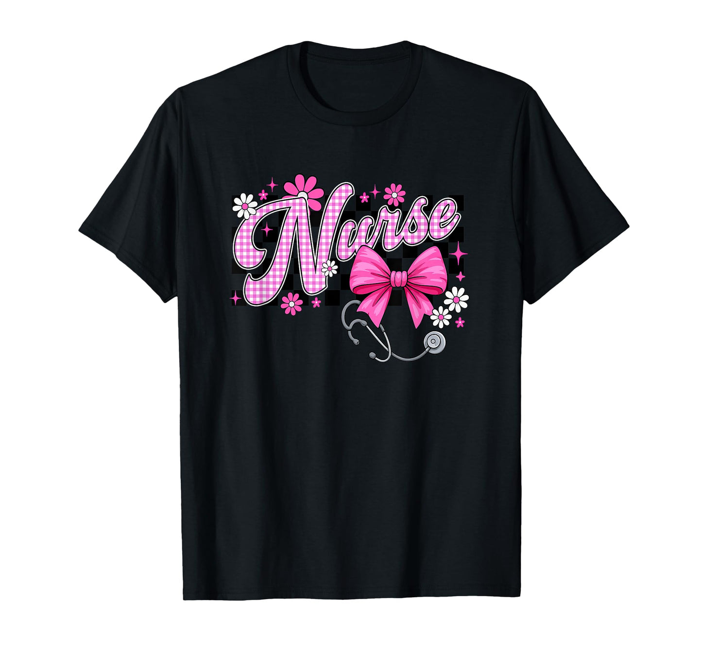Nurse Pink Bow Stethoscope Floral Hearts T-Shirt