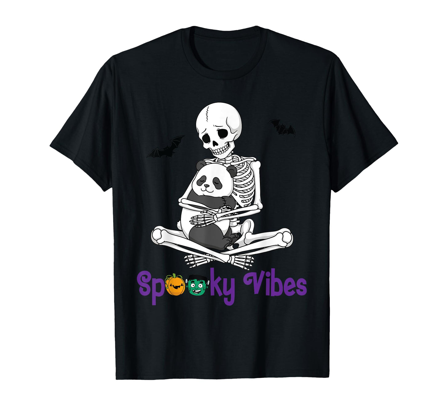 Skeleton Hugging Panda Cute Spooky Vibes Happy Halloween Day T-Shirt
