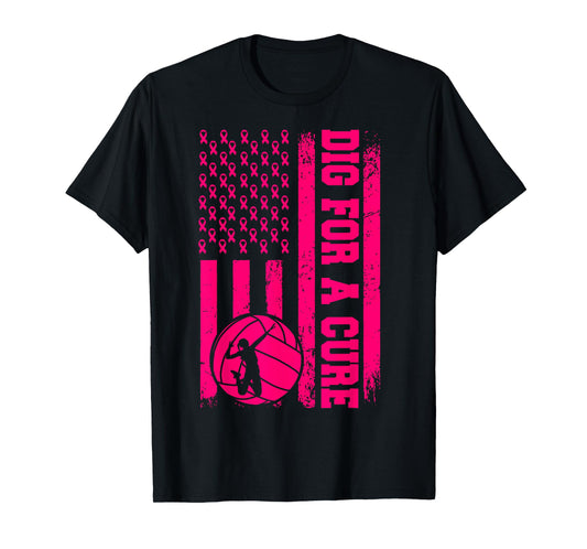 Dig For A Cure Breast Cancer Volleyball Pink American Flag T-Shirt