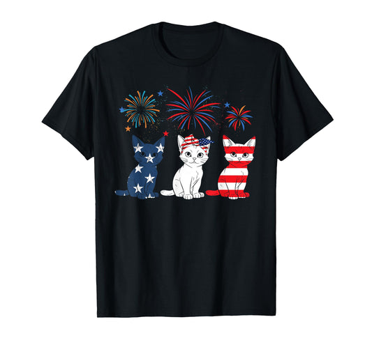 Red White Blue Cat USA Flag Firework 4th Of July T-Shirt