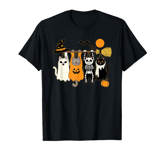 Cute Halloween Cat Ghost Pumpkin Skeleton T-Shirt