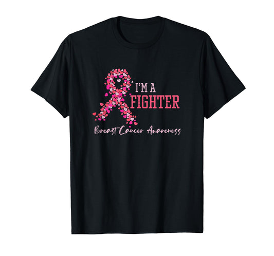 Fighter Pink Ribbon Hearts Breast Cancer Awareness Women T-Shirt