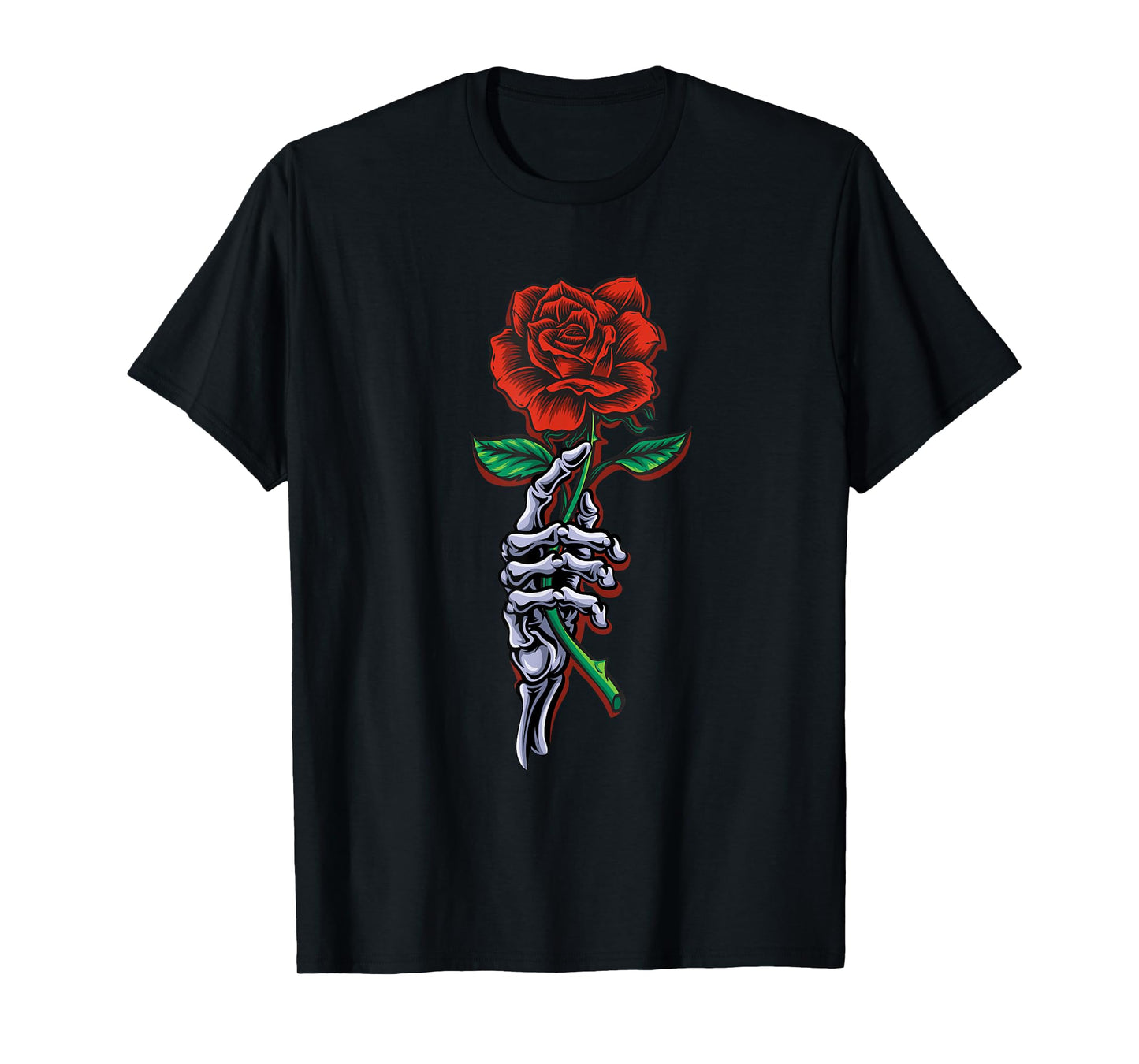 Skeleton Hand Holding Stem Red Rose Flower Graphic Design T-Shirt