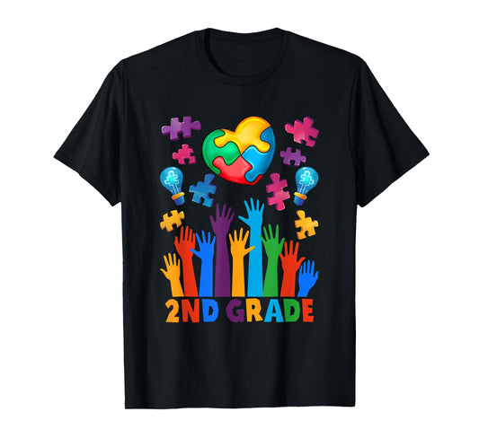 Cute Back To School 2nd Grade Puzzles Heart Autism Awareness T-Shirt