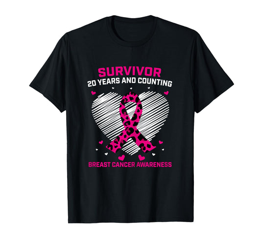 20 Year Survivor Pink Cheetah Print Breast Cancer Awareness T-Shirt