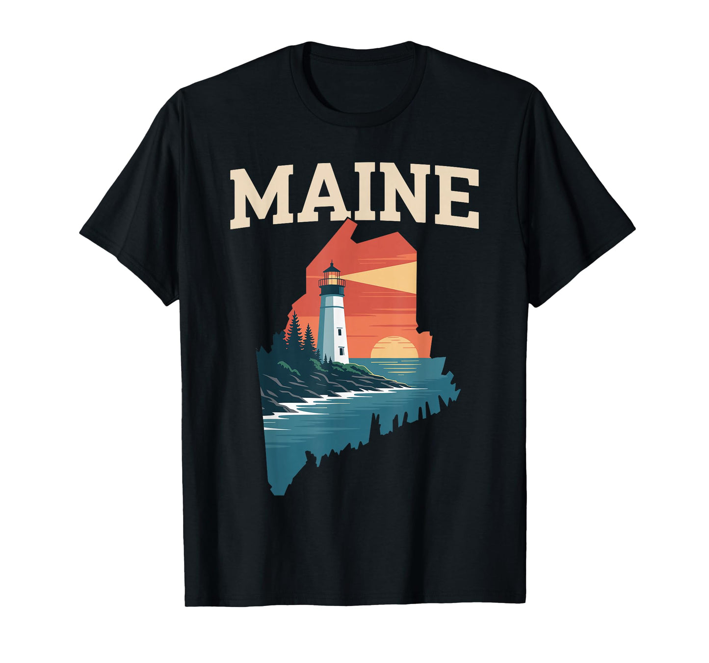 Maine Lighthouse Coastal Sunset Nature Retro T-Shirt