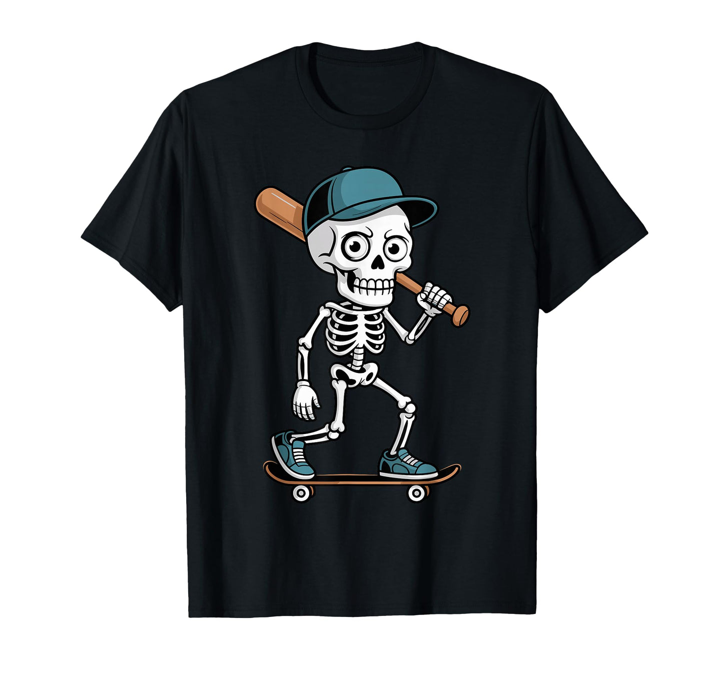 Halloween Skeleton Skater Baseball Bat Comic Artwork T-Shirt