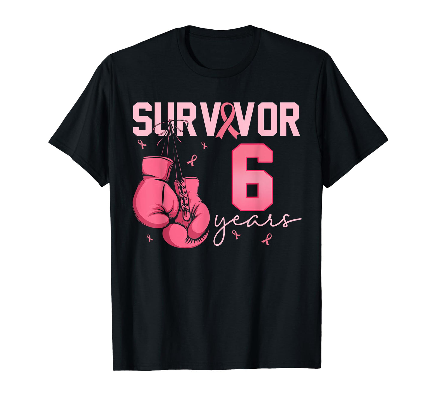 Breast Cancer Survivor 6 Years Pink Ribbon Boxing Gloves T-Shirt