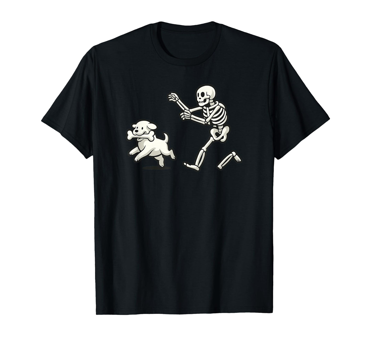 Funny Halloween Skeleton Chasing Dog, Spooky Pet Humor Art T-Shirt