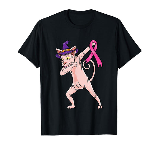 Dabbing Witch Sphynx Cat Breast Cancer Halloween T-Shirt