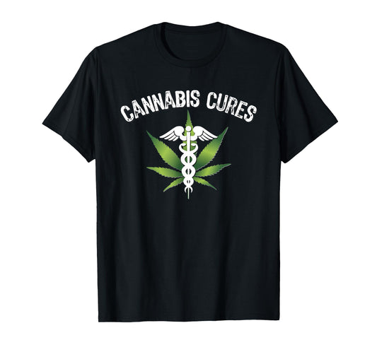 Prime Shirt Shop Stoner Tees Cannabis Cures Medical Marijuana Leaf Graphic Unisex Adult T-Shirt - Black, Small