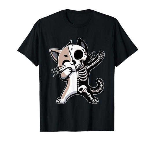 Dabbing Cat Half Skeleton Halloween Costume Owner Lover T-Shirt