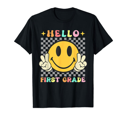 Retro Groovy 1st Grade Back to School Hello First Grade T-Shirt