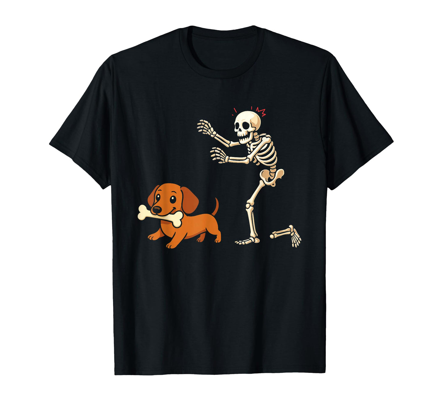 Halloween Dog Funny Skeleton Chasing Dachshund Dog T-Shirt