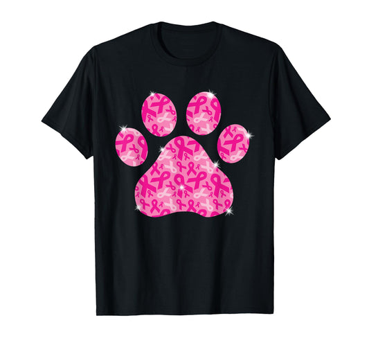 Dog Paw Print Pink Ribbon Breast Cancer Awareness Survivor T-Shirt