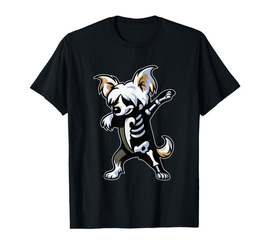 Dabbing Chinese Crested Dog Half Skeleton Halloween Owner T-Shirt