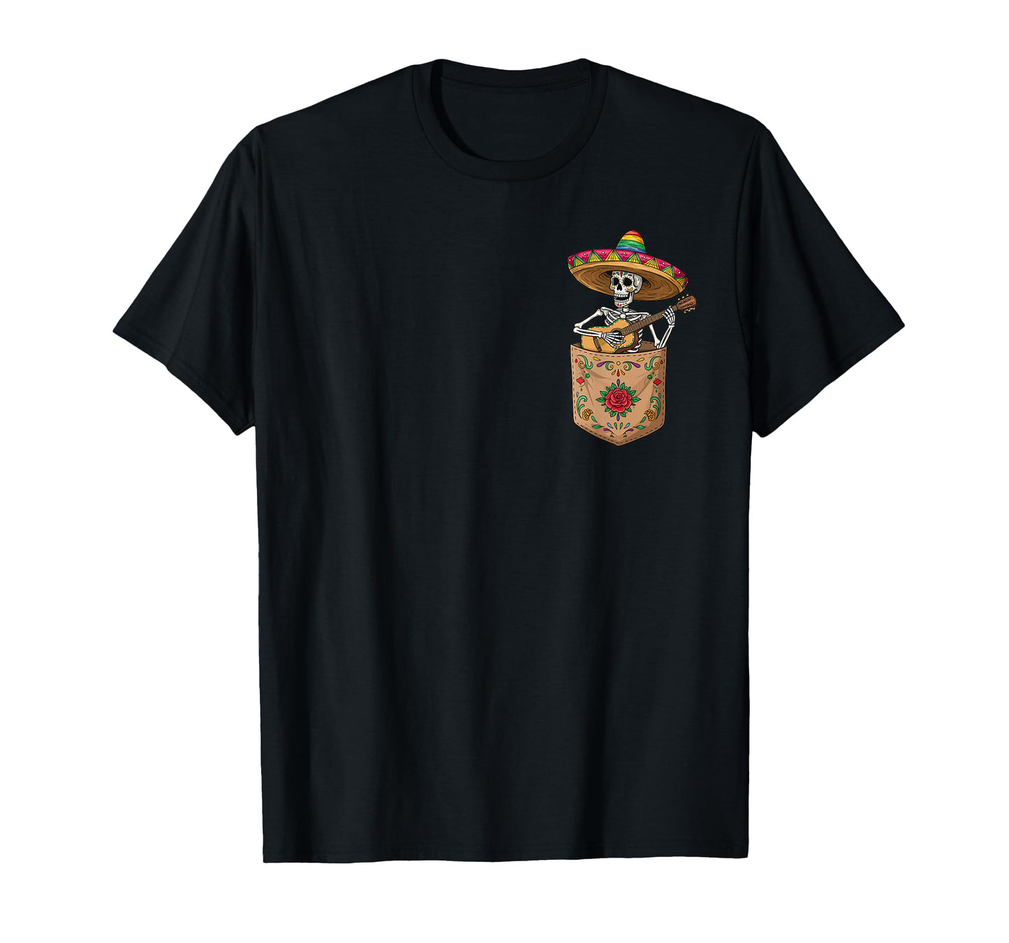 Funny Skeleton Mariachi Guitar Pocket Cinco De Mayo Mexican T-Shirt