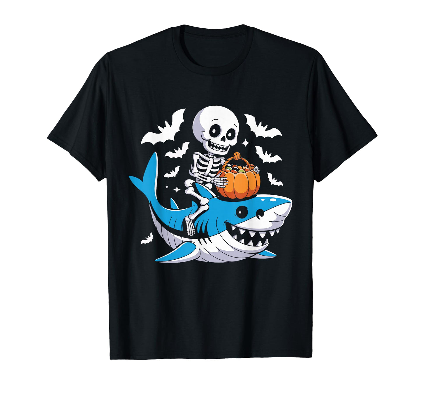 Skeleton Riding Mummy Shark Funny Halloween Pumpkin T-Shirt