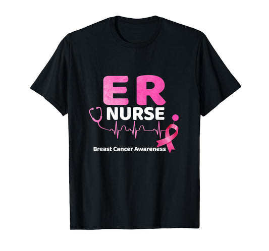 ER Nurse Breast Cancer Awareness Heartbeat Pink Ribbon T-Shirt