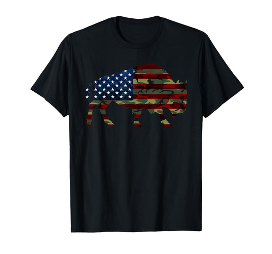 American Bison Cattle Ox USA Flag Camouflage Buffalo Women Kids Men T-Shirt